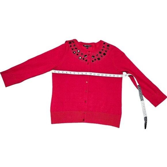Embellished Red Cardigan Sweater By Cable & Gauge With Black‎ Gems & 3/4 Sleeves - Picture 9 of 9